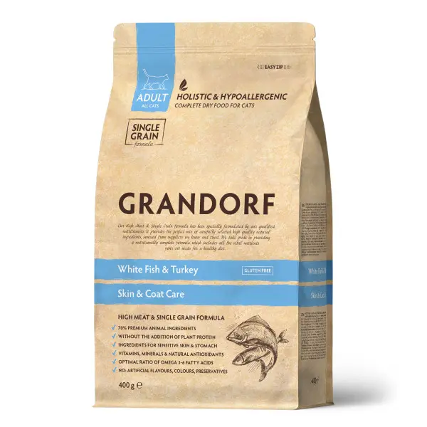 GRANDORF Сухой корм Adult all cats • Skin & Coat Care. White Fish & Turkey Белая рыба с индейкой для взрослых кошек с чувствительной кожей и шерстью 