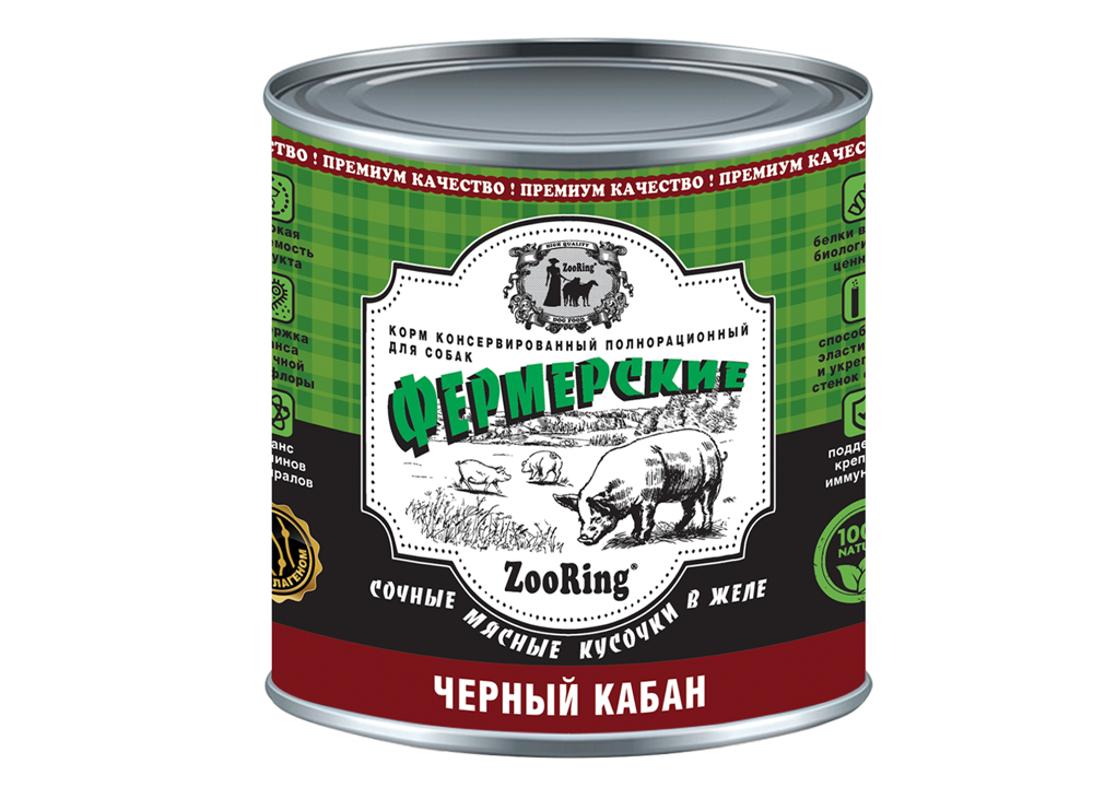 Корм консервированный полнорационный ZooRing для собак мясные кусочки в желе "Фермерские" Черный кабан