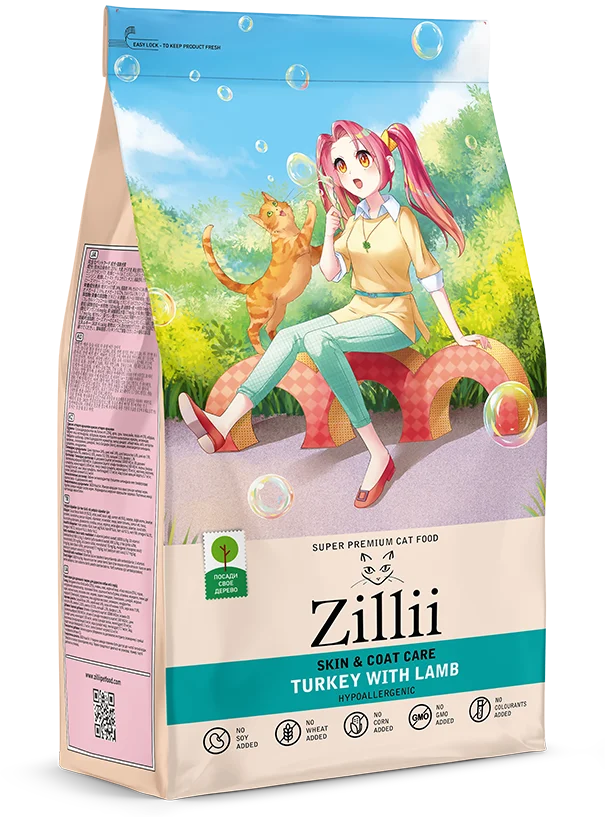 Zillii Skin & Coat Care Для взрослых кошек поддержка здоровья кожи и  шерсти с индейкой и ягненком с индейкой и ягненком 2кг 