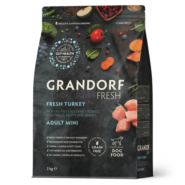 Беззерновой корм с живыми пробиотиками GRANDORF FRESH  DOG Adult mini turkey&sweet potato. Индейка с бататом для мелких пород
