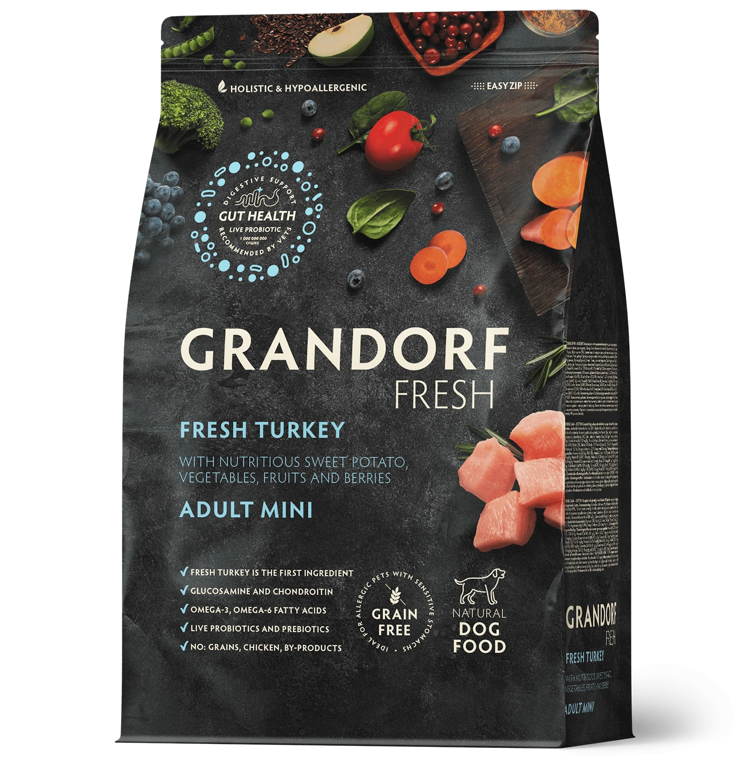 Беззерновой корм с живыми пробиотиками GRANDORF FRESH Fresh Turkey mini. Свежая индейка для мелких пород