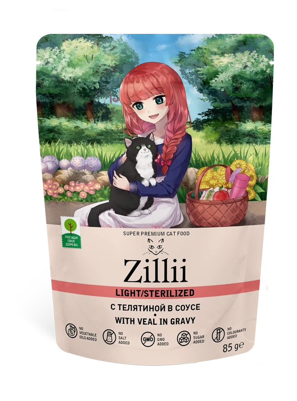 ZILLII Корм влажный Sterilized/Light Cat Veal влажные (пауч) для кошек Телятина в соусе