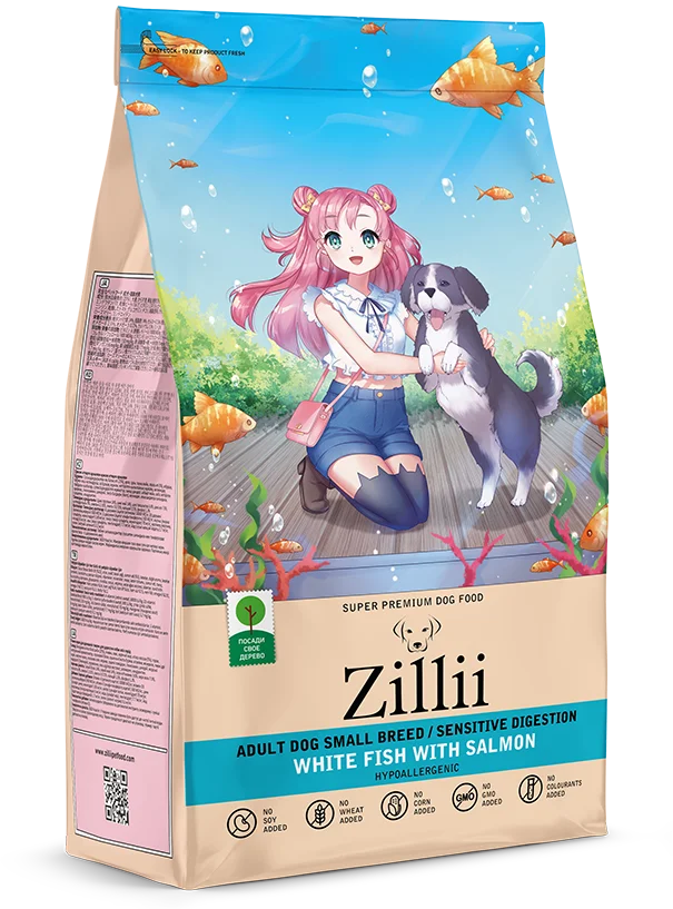 Zillii Adult Dog Small Breed Sensitive Digestion сухой корм для взрослых собак мелких пород с чувствительным пищеварением с белой рыбой и лососем 