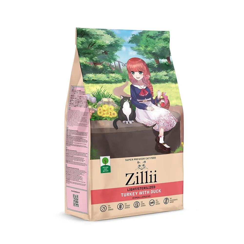 Zillii Light/Sterilized Cat сухой корм для взрослых кошек с избыточным  весом и стерилизованных с индейкой и уткой  2кг 