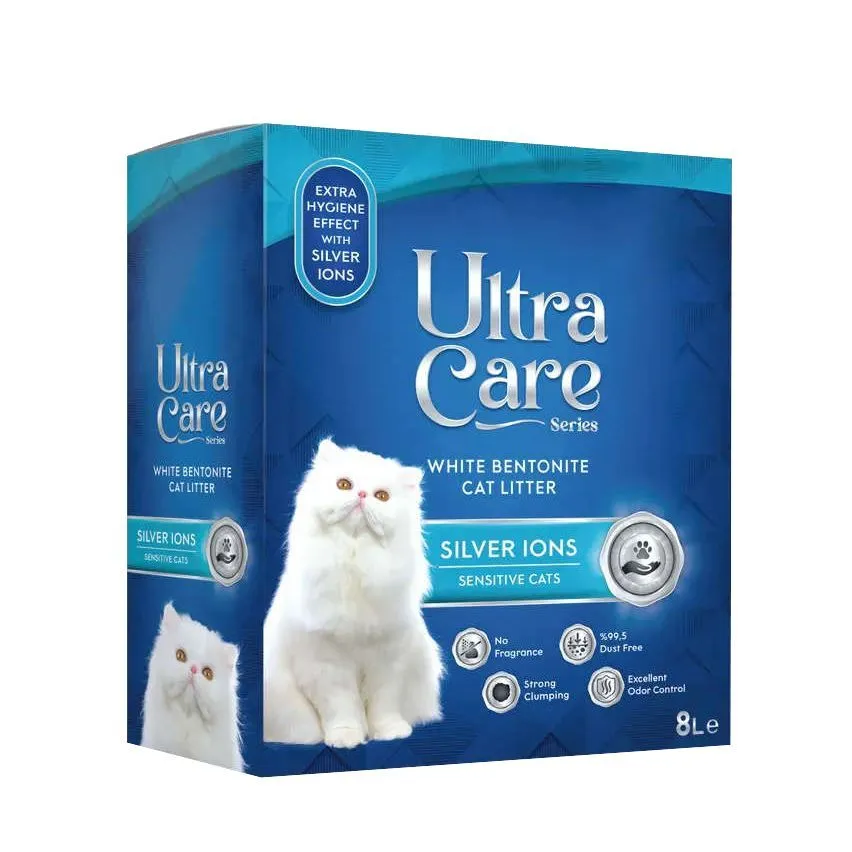 Ultra Care Наполнитель Care Silver Ions Sensitive гипоаллергенный комкующийся наполнитель для кошачьего туалета с ионами серебра, 8 л (7 кг)