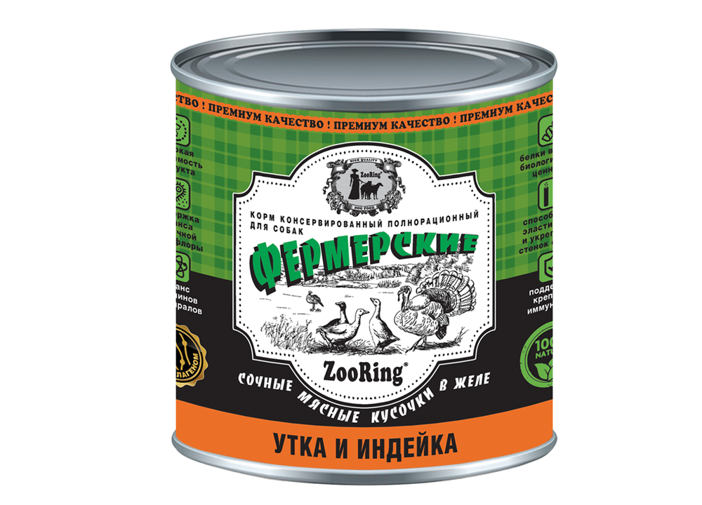 Корм консервированный ZooRing для собак сочные мясные кусочки в желе "фермерские" индейка и утка